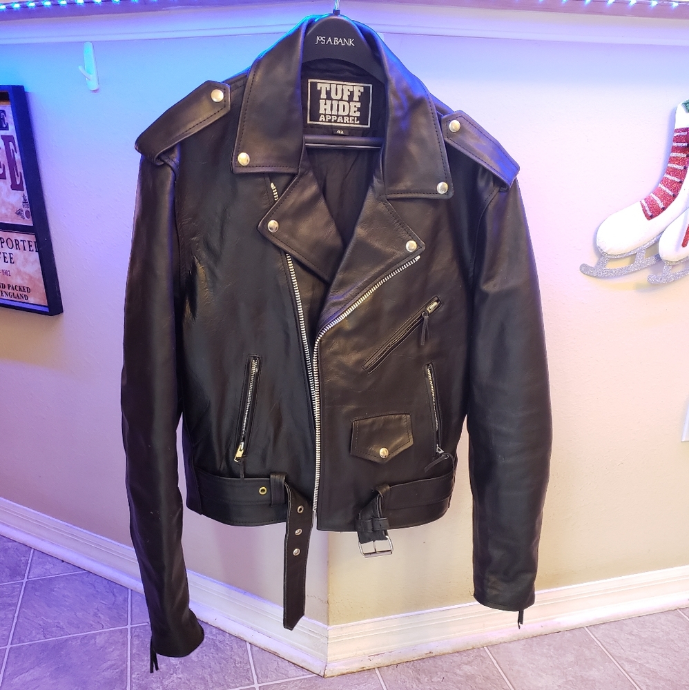 Mens Tuff Hide Black genuine leather biker jacket